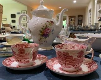 China bits; Johnson Brothers cup and saucers; Set of floral dishes