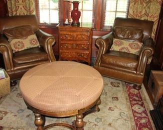 Pair Vanguard Leather Club Chairs, Large Ottoman