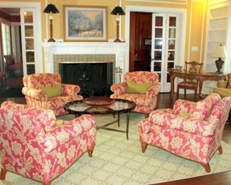 4 Lillian August Club Chairs, Glass Top Coffee Table, Waterford Evolution Centerpiece Bowl