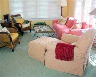 2 Wicker Occasional Chairs, Slip Cover Sofa, Slip Cover Chair & Ottoman