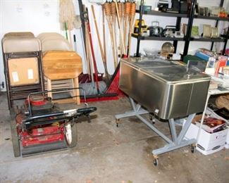 Craftsman Lawn Mower, Large Stainless Steel Cooler on Wheels