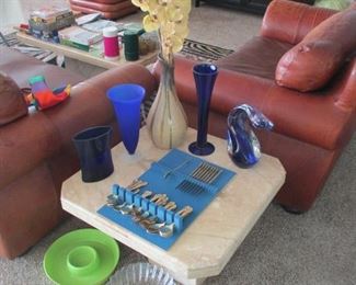 Marble end table and glassware