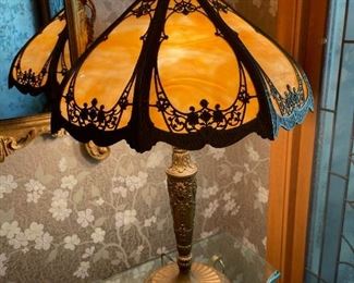 Large Antique WILKINSON Slag Glass Lamp