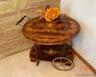 Vintage Italian Marquetry Drop Leaf Tea Cart