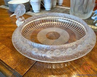 LALIQUE Large Flower Rimmed Bowl with Perched Bird