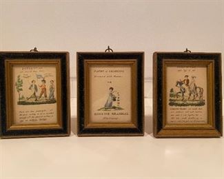 Three antique framed children's grammar illustrations.  