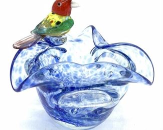 Murano Glass Style Bowl With Bird Figural
