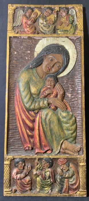 Hand Carved Wooden Relief Panel, Madonna & Child
