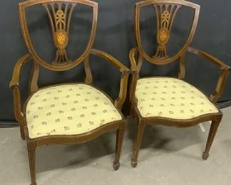 Pair Vintage Shield Back Upholstered Low Chairs
