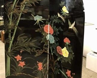 Asian Style Hand Painted Black Lacquer Screen

