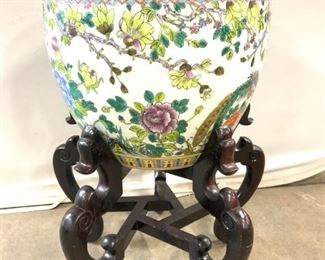 Chinoiserie Porcelain Planter & Wooden Stand
