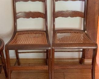 Antique wooden chairs with hand carved roses (need caning repair)