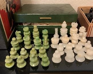 Hand carved semi-precious stone chess pieces