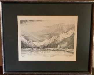 Signed print of pen and ink drawing of Skagway, Alaska by  J.E. Svenson #9/150