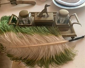 Antique inkwell set with ostrich feather quill