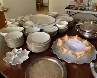 Olympia PL by Lenox china, silver platter, china serving dishes, Gorham silverplate shell casserole with glass insert