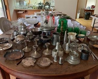 Silver, pewter, cut glass, pressed glass assortment