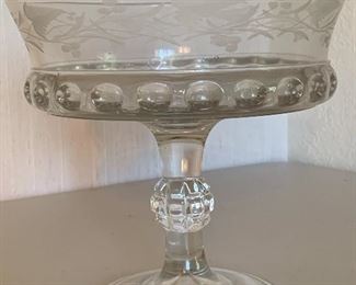 Cut and etched glass standing serving dish