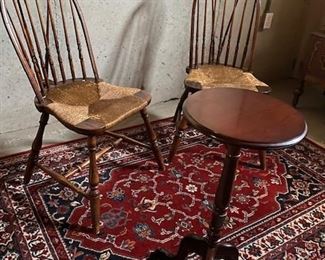 Two rush seat chairs (4 total) and small, occasional table