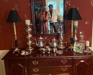 Mahogany Buffet/Server with storage drawers - Fabulous! Assorted silver serving pieces and pair of tall brass table lamps