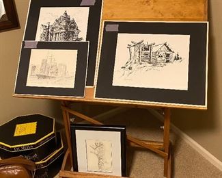 Wooden easel with sketches signed by artist