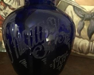 Chicago 1934 etched cobalt vase