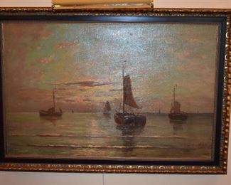 Gorgeous Antique Oil Painting by J. H. van Wyck entitled, "Fishing Boats at Sea" a wonderful addition to any Fine Arts Collection!