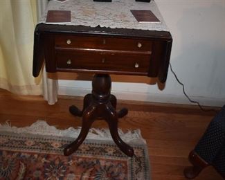Beautiful Antique Double Drawer Accent Table with Drop Leaf Sides, Turned Pedestal, Cabriole Legs and Padded Feet