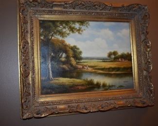 Gorgeous Rococo Style Gold Framing surrounds this Beautiful Oil Painting of a Pastoral Scene set by the River painting by R. Patrick
