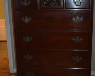 Beautiful Antique Bedroom Set with 8 Drawer Dresser with Wall Mirror,  5 Drawer Chest of Drawers, and Lovely 4 Poster Bed featuring "Reeded Posts and Cross Bar on Foot of Bed, and Ornate Acorn Finials