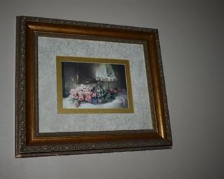Gold Frame and Matted Print of Flowers with Lamp and Pitcher