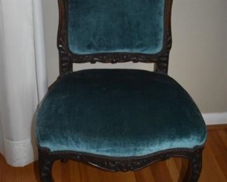 Beautiful Victorian Chair highly carved back with cabriole legs and Upholstered with Blue Seat and Back