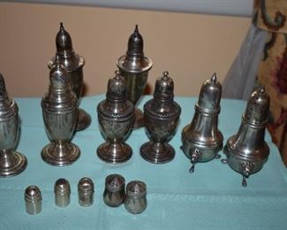 Sets of Beautiful Antique Sterling Salt and Pepper Shakers in many styles from English Gadroon to miniatures.