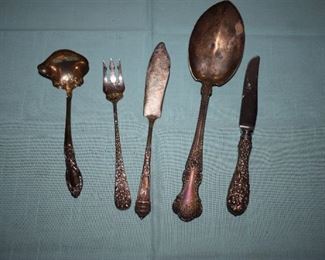 Antique Sterling Flatware Pieces: Pierced Serving Spoon, Sea Food Fork, Fish Knife,  large Serving Spoon, and Luncheon Knife