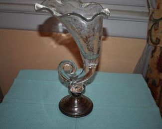 Very Rare and Gorgeous Antique Fostoria Glass and Sterling Trumpet Vase circa 1905