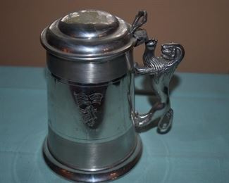 English Sheffield Pewter Stein with Lions Head Handle, Etched Body and Lidded