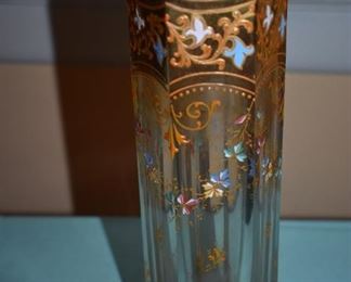 Bohemian Czech Moser Style Glass Vase with Enameled Art Work of Flowers and More!