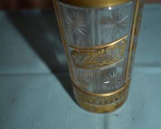 Bohemian Style Drinking Glass with Cut Starbursts and Gold Enamel Paintings