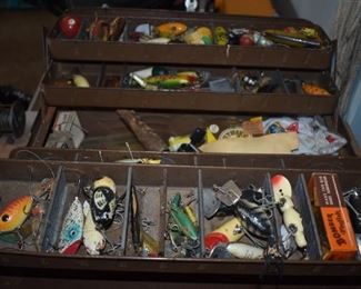 VINTAGE TACKLE BOX WITH VINTAGE LURES AND MORE!!!