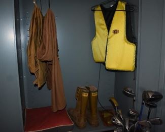 Weatherite Insulated Boots, Stearns Life Vest, and sets of Vintage Waterproof Fly Fishing Pants