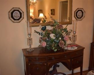 Beautiful Sheraton Inlaid Antique Mahogany Sideboard Style 5 Drawer Knee hole Desk,  Candle Lamps with Etched Globes and Crystal Prisms, Gorgeous Flower Arrangement, Wall Mirror and More!