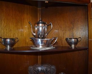 Gorgeous Silver Coffee Pot with Crooked Neck, Sugar and Creamer, plus Gravy Boat