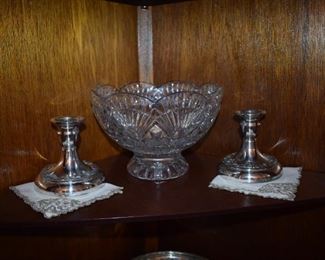 Beautiful Cut Glass Bowl and Silver Candlesticks