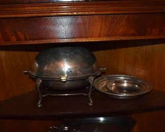 English, Old Sheffield Silver "Hot Water" Serving Dish with Engraved Dome Lid, and Ivory Button Handle circa 1870