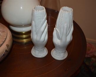 A pair of Parian Ware Victorian Vase Hands holding corn cob  (Bennington?)