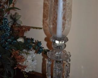 Gorgeous Antique Hurricane Style Candle Lamps with Austrian Rock Crystal Prisms and etched Globes circa 1900