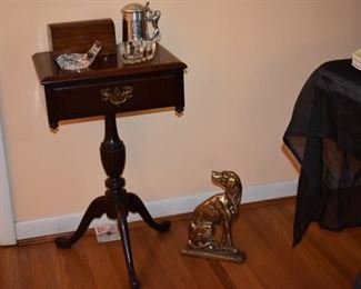 Antique Lamp Table with Drop Leaf Sides, Brass Door Stop Dog, and more