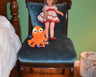 Antique Victorian Chair with Blue Velvet Seat and Pillow and a Beautiful Shirley Temple Doll with her Octopus Companion!