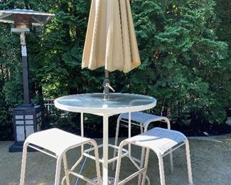 Outdoor high top table, base, umbrella and 3 stools ONLY $100