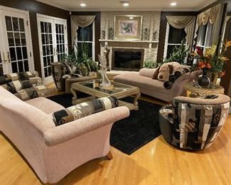 Weinman Couches, Chaise, Swivel Chairs. Schnadig coffee table and end table. Rug, home decor, real and artificial plants for sale.    Weinman Couch with cushions attached to the sides and don't move. Custom designed. Immaculate condition.  Wood legs. Originally the whole set with chaise and 2 swivel chairs and ottoman $12k. Selling as a package and separately.  Awesome prices will be available shortly. 